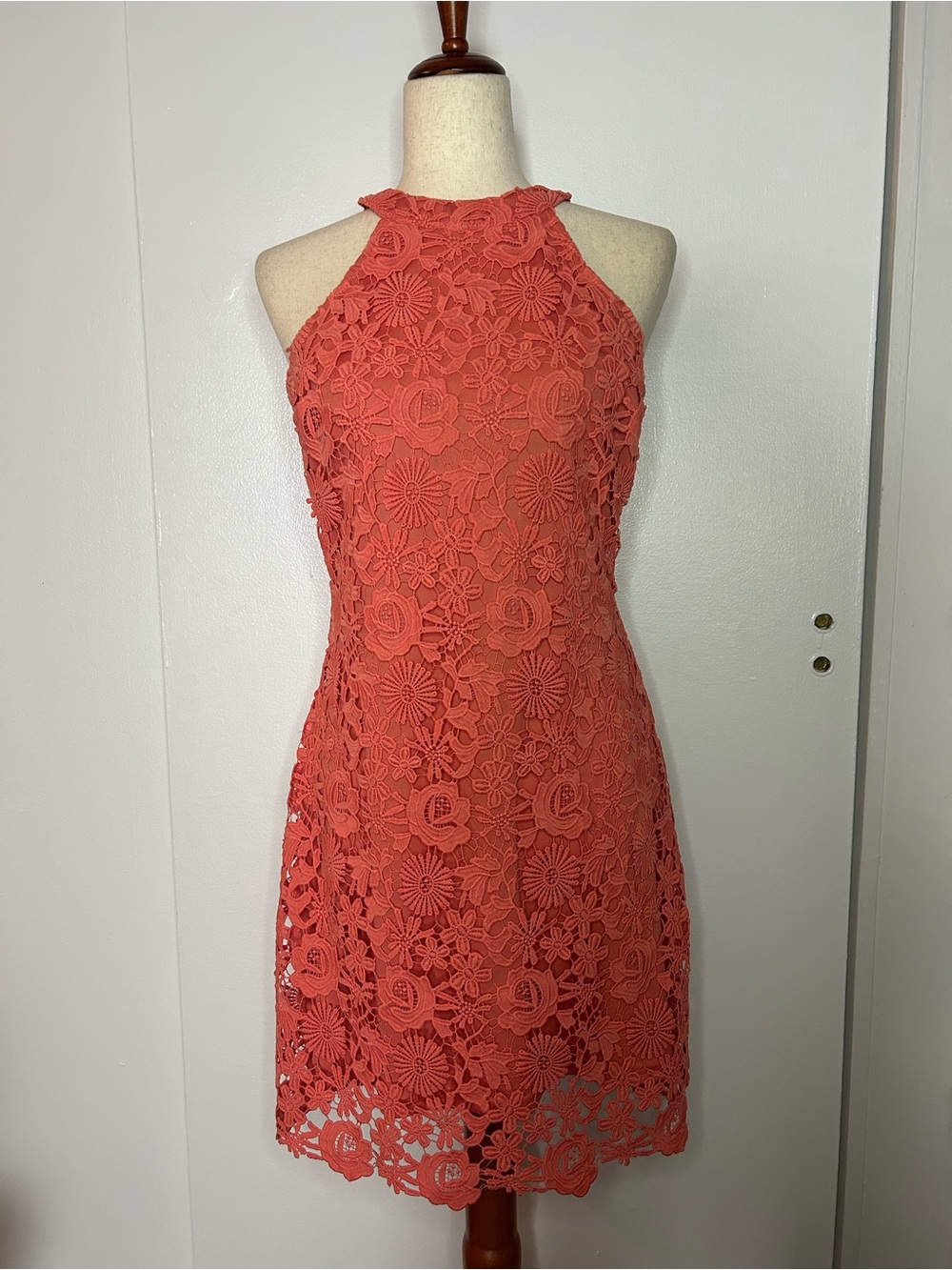LULU’s Vintage Coral Salmon Floral Lace Halter Mini Dress